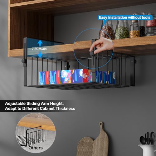 AmonHouseware 2 Pack Hanging Under Shelf Storage Basket,Adjustable Under Cabinet Add-on Storage Racks Slide-in Baskets Organizer for Laundry Room Kitchen Pantry Desk Bookshelf, Black - color: Black