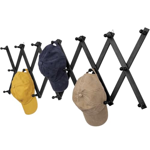 SCUNDA Wall Rack with 20 Hooks, Wooden Wall Expandable Coat Rack for Coat, Hats, Baseball Caps, Coffee Mug, Jewelry(Black) - color: Black, size: 20 Hooks