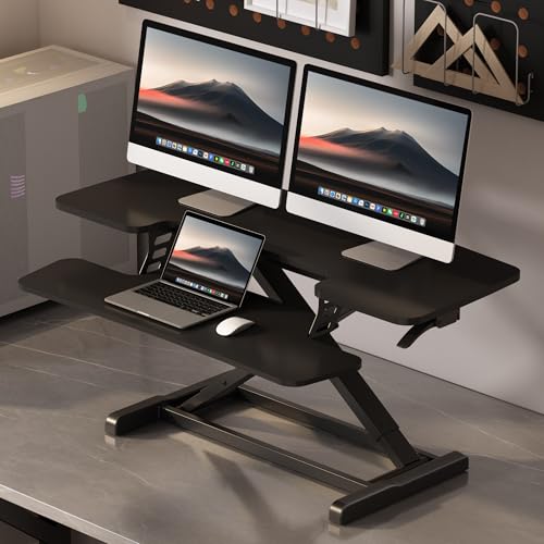 FLEXISPOT Standing Desk Converter 42", Extra Large Ergonomic Height Adjustable Sit Stand Desk Riser, Spacious Computer Workstation with Wide Keyboard Tray, Black - color: Black, size: 42"