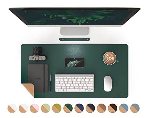 RENMTURE Dual-Sided Mouse Pad, Natural Cork & PU Leather Large Desk Pad for Office and Home Work, Desk Protector Non-Slip, Waterproof, Easy Clean (Dark Green, 32"x16") - color: Dark Green, size: 32"x16"