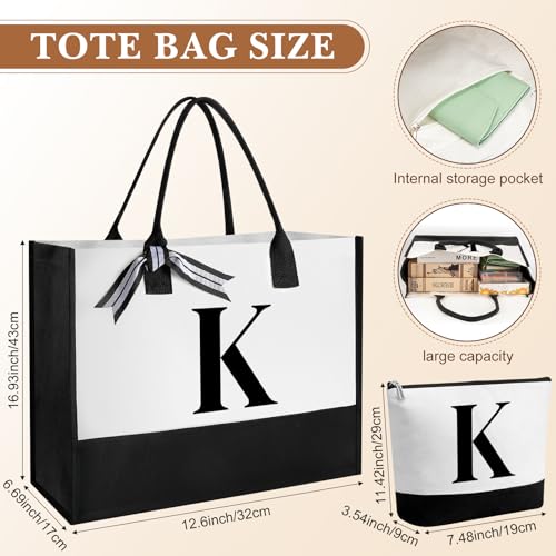 Aliceset Initial Gifts for Women Monogram Canvas Tote Bag and Makeup with Zipper and Initial Glass Coffee Cup Gifts for Her - style: Letter K