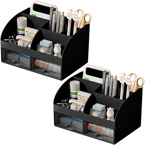 COMFYROOM Desk Organizer with 6 Compartments and 2 Drawers, Plastic Makeup Organizer, Pen Holder for Desktop Storage, Desk Organization for School, Home, Office Supplies Black-2Pack - color: Black-2Pack