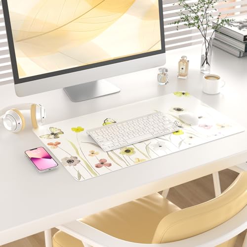 Colorful Star Large Mouse Pad, Watercolor Floral Desk Mat Office Supplies, Waterproof PU Leather Gaming Mousepad for Women Girls, Butterflies Desk Pad Home Office Décor Accessories 23.6" x 13.8" - color: Floral Butterflies, size: 23.6L x 13.8W inches