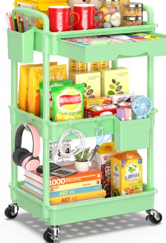 SUNALLY 3-Tier Rolling Cart with Drawer & Lockable Wheels, Bathroom Storage Organizer Multifunctional Rolling Storage Cart for Bathroom, Kitchen, Office, Craft, Makeup, Baby Essentials, Green - color: Green, size: 3 Tier