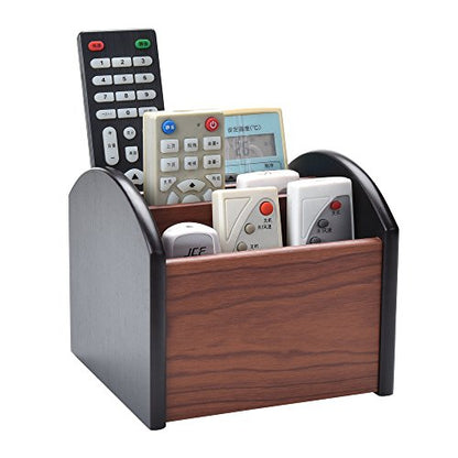 Siveit Wooden Desk Organizer, 4 Compartment Revolving Wood Desktop Organizer Office Supplies Rotating Remote Control Caddy Holder (Desk Organizer-4)