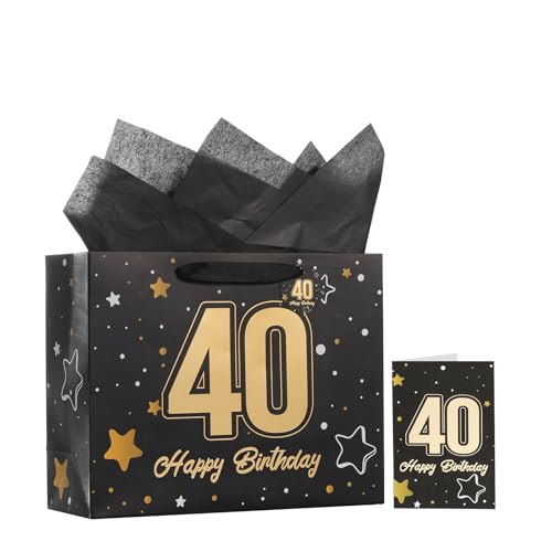 Powbrace 13" Black 40th Birthday Gift Bag with Tissue Paper and Greeting Card for Party,Happy Birthday Gift Bag for Men Women,Gift Bags Medium size(1 Black 40th) - color: 1 PCS Black 40th, size: 1 count (Pack of 1)