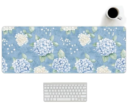 Blue Hydrangea Large Mouse Pad, Flroal Blue and White Desk Mat, Spring Summer Decor Mouse Pad for Desk Large Long White Hydrangea Extra Large Desk Pad Decorative for Office Women 31.5x11.8 - color: Hydrangea Blue and White, size: 31.5L x 11.8W inches