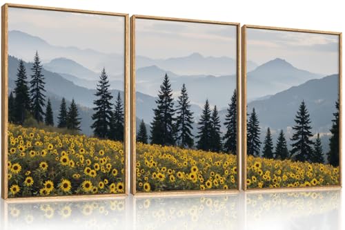 HPNIUB Large Boho Wildness Sunflowers Framed Canvas Wall Art Set, Nature Pine Tree Mountain Wall Decor, Misty Forest Landscape Art Print, Rustic Wildflower Artwork for Living Room, Bedroom,Office -16''x24''x3 - color: Boho Sunflowers Landscape Wall Art, s