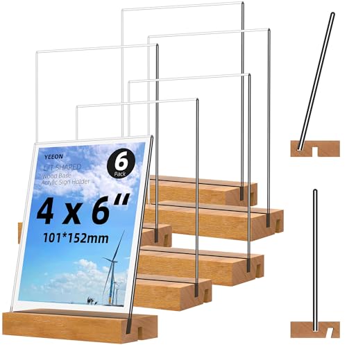 4x6 Inch Acrylic Sign Holder with Wooden Base, Desktop Display Stand (4x6 6Pack) - size: 4x6 6Pack