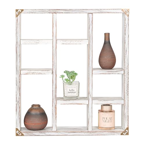 17.7x15.7-Inch Shadow Box Shelf 9-Slot Rustic Floating Shelves Larger Wall Mounted Shelf Lightweight Solid Wood Display Shelf Freestanding Farmhouse(9C-Rustic White) - color: 9c-rustic White, size: 1 PCS