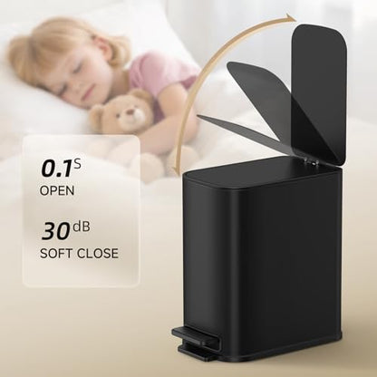 TIPGO Small Bathroom Trash Can with Lid Soft Close, Step Pedal, 1.3 Gallon / 5 Liter Stainless Steel Slim Garbage Can for Office, Diaper Waste Basket with Removable Inner Bucket (Matte Black) - color: Black