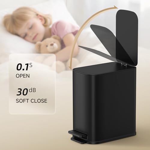 TIPGO Small Bathroom Trash Can with Lid Soft Close, Step Pedal, 1.3 Gallon / 5 Liter Stainless Steel Slim Garbage Can for Office, Diaper Waste Basket with Removable Inner Bucket (Matte Black) - color: Black