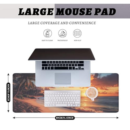 Sunset Beach Mouse Pad Tropical Palm Trees Ocean Waves Large Desk Mat with Stitched Edges,Non-Slip Waterproof Rubber Base Mouse Mat 31.5 x 11.8 Mouse Pads for Desk Home Office Gaming - color: Sunset Beach, size: 31.5" x 11.8"
