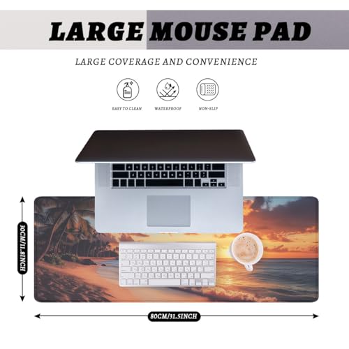 Sunset Beach Mouse Pad Tropical Palm Trees Ocean Waves Large Desk Mat with Stitched Edges,Non-Slip Waterproof Rubber Base Mouse Mat 31.5 x 11.8 Mouse Pads for Desk Home Office Gaming - color: Sunset Beach, size: 31.5" x 11.8"