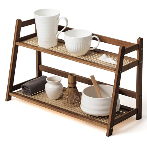 Yalikop 1 Pcs 2 Tier Matcha Station Shelf Bamboo Coffee Mug Stand Countertop Storage Rack, Double Layer Rattan Office Cup, Kitchen, Tea, Plant, Bar Accessories Condiment Display(Brown,17.7 Inch) - color: Brown, size: 17.7 inch
