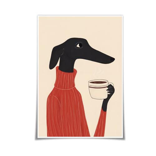 ZHXICHEN Greyhound Coffee Art Print Whimsical Dog in Sweater Funny Coffee Wall Art Whimsical Abstract Animal Wall Art Modern Minimalist Creative Canvas Printed Living Room Bedroom 16X24 inch Unframed - color: white-11, size: 24"L x 16"W