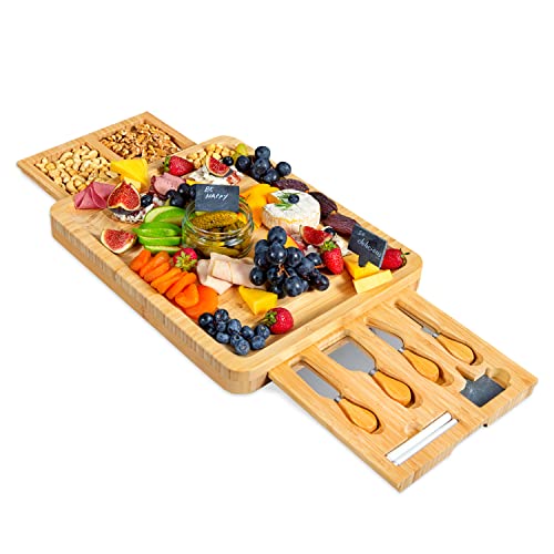RoyalHouse Unique Bamboo Cheese Board & Knife Set with 2 Slide-Out Cutlery Drawers - Charcuterie Boards Set - Gifts for Women Birthday, Wedding Couples 2025, Bridal Shower - style: Large Cheese Board Set