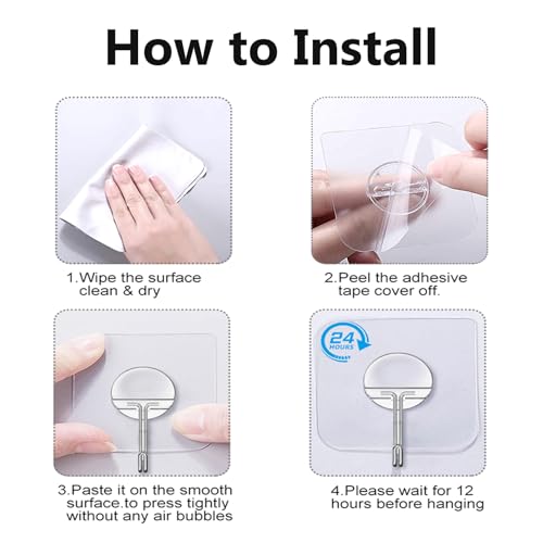 JINSHUNFA Adhesive Wall Hooks 13LB Heavy Duty No Drill Transparent Waterproof Hooks for Bathroom Kitchen Towel Coat 12 Pack - color: Clear, size: Medium 12 Pcs