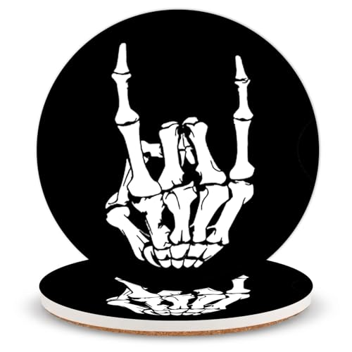 Skeleton Hand Ceramic Coasters of 2 with Cork Backing Absorbent Coaster | Non-Slip Coasters for Drinks and Coffee Table Office Desk Home Decor, Gifts for Skeleton Fans, Mom, Gothic Lovers - color: Skeleton Hand