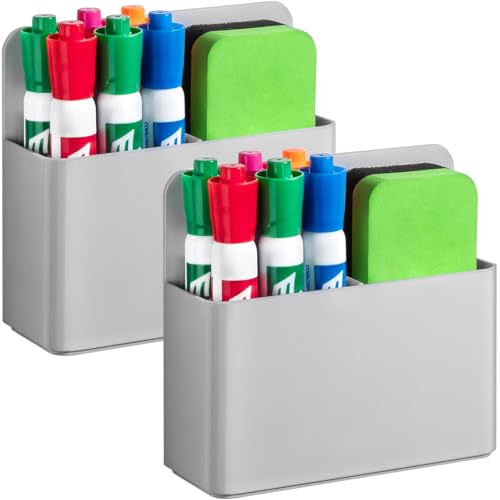 2 Pcs Magnetic Dry Erase Marker Holder for Whiteboard, Plastic Magnetic Pen Holder for Refrigerator Fridge, Magnet Pencil Cup for School Classroom, Locker Accessories, Pen Cup Organizer-Gray - color: Gray