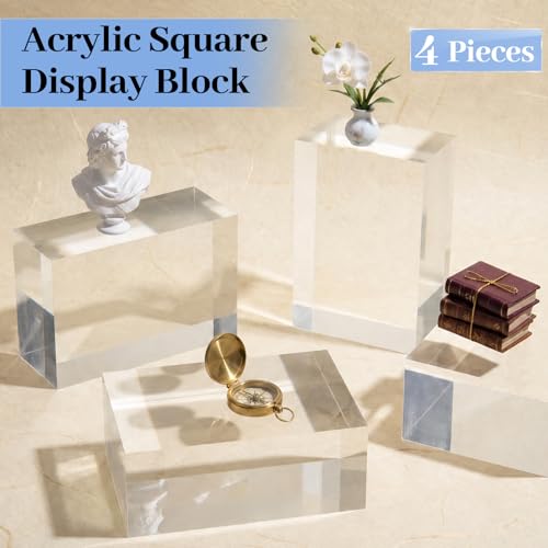 Qunclay 4 Pcs 6 x 4 x 2.36 Inches Acrylic Square Display Block Clear Polished Acrylic Cubes Jewelry Display Stand for Jewelry Ring Showcase Holder Base Collections - size: 6 x 4 x 2.36 Inches