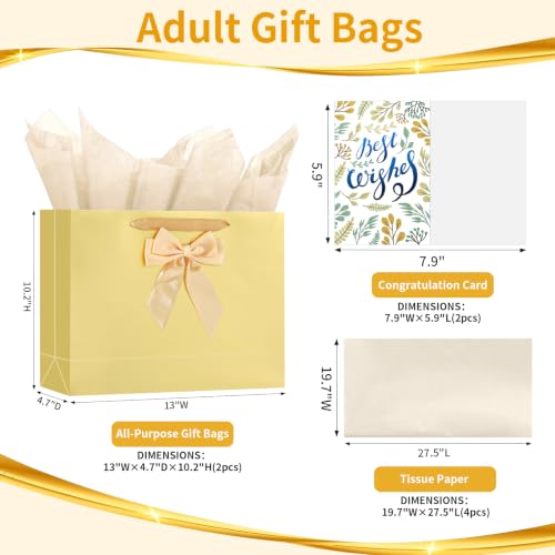 Powbrace Gold Bags with Handles, 13" Medium Gift Bag Set - 2 Gift Bag with Bow, 4 Tissues & Greeting Card for Wedding Baby Shower Fathers Day Mothers Day Birthday Party - color: 2Pcs Gold Glossy Gift Bag, size: 1 count (Pack of 1)