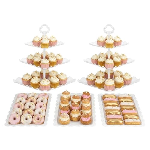 NWK 5 Piece Cake Stand Set with 2 x Large 3-Tier Cupcake Stands, 3 x Appetizer Trays, for Wedding Birthday Baby Shower Tea Party Decorations (White) - color: White