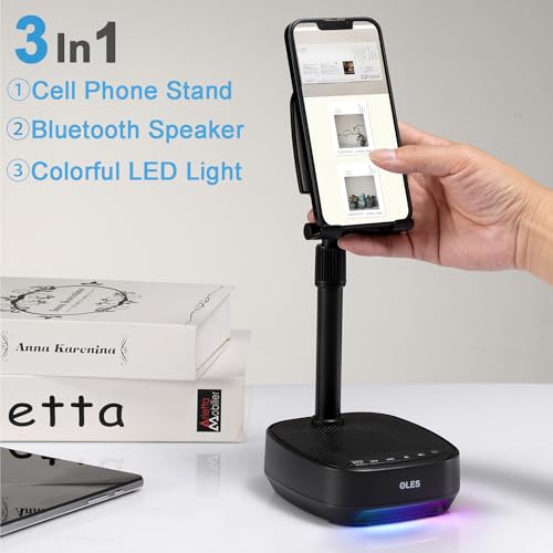OLES Gifts for Men Women, Adjustable Cell Phone Stand with Wireless Bluetooth Speaker(7-11''Height), Unique Birthday Gift for Dad Mom Him, Phone Holder Led Color Light for iPhone/Android/Tablets - color: Black