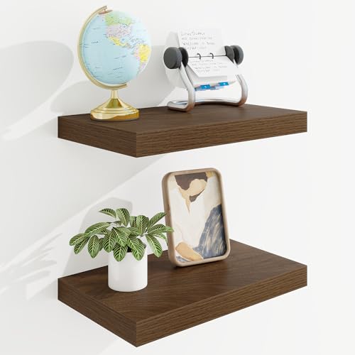 16in Floating Shelves for Wall, 16"W x 9.25"D x 1.25"H, 2 Pack Long Wall Mounted Engineered Wood Shelves with Invisible Brackets for Living Room, Bedroom, Bathroom, Kitchen Decor and Storage, Walnut - color: Dark Walnut With Invisible Metal Brackets, size