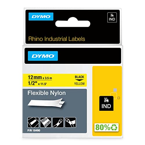DYMO Rhino Industrial Flexible Nylon Labels 12 mm x 3.5 m Black Print on Yellow Self-Adhesive for Rhino & LabelManager Label Makers - color: Black on Yellow, size: 1/2" (12MM)