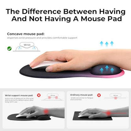 EooCoo Ergonomic Mouse Pad with Gel Wrist Rest Support Middle Concave Design, Relieve Wrist Pain Mousepad, Non-Slip Base for Laptop, Office Desk Accessories, Carpal Tunnel Syndrome Black Pink - color: Black Pink