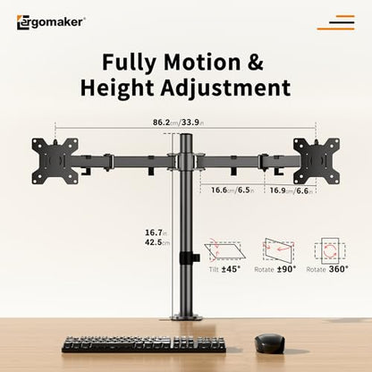 Dual Monitor Stand, Arm Monitor Desk Mount for 13" to 27" 2 Screens, Full Adjustable Height, Tilt Swivel Rotate, Holds 22 lbs per Arm, Easy to Install - size: Dual Up to 27"