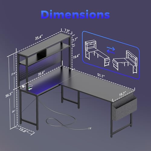 Mericonia 51 inch Large L Shaped Desk with Pegboard Hutch & Shelves, Corner Gaming Desk with Power Outlet, LED Light & Storage Bag, Reversible Computer Desk for Home, Bedroom, Office Workspace, Black - color: Black, size: 50 inch