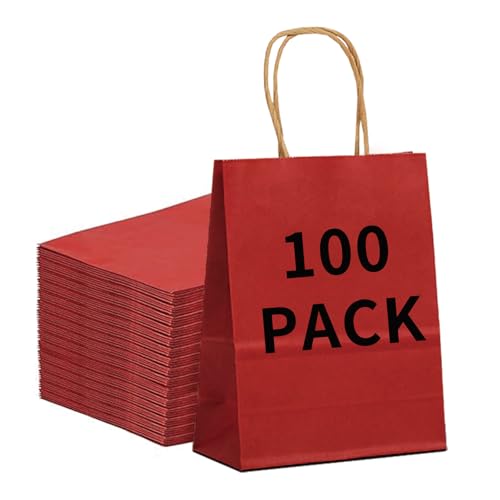 BAG BOX 100 Pack Medium 8.25x4.3x10.6 Inch Red Kraft Paper Gift Bags with Handles for Bulk Shopping, Retail, Craft, Party Favors, Wedding, Grocery & Sacks - color: Red, size: 8.25 * 4.3 * 10.6 inch（Pack of 100）