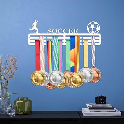 Resama Medal Hanger Holder Display Wall Rack Frame Shelf-Medal Hanger Awards Ribbon Soccer,Gymnastics,Holder Display Rack for 60 Medals - color: Soccer White