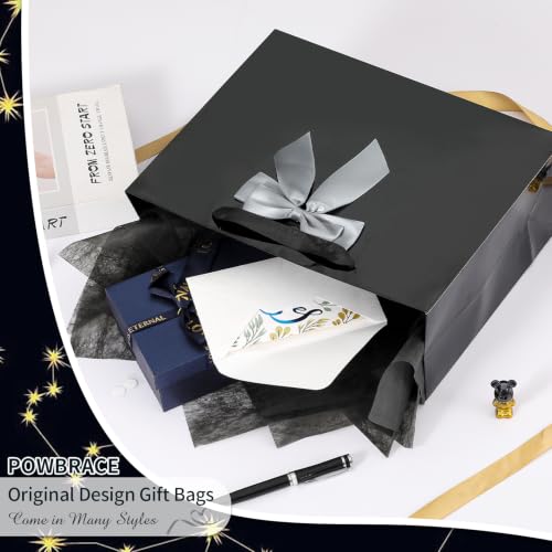 Powbrace Black Bags with Handles, 13" Medium Gift Bag Set - 2 Gift Bag with Bow, 4 Tissues & Greeting Card for Wedding Baby Shower Fathers Day Mothers Day Birthday Party - color: 2Pcs Black Glossy – General Purpose, size: 1 count (Pack of 1)
