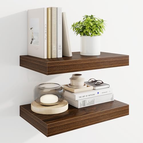 Marsmiles 16" Floating Shelves for Wall, Wooden Shelves with Invisible Brackets Set of 2, Rustic Farmhouse Wall Mounted Shelf for Kitchen Bathroom Living Room Study, Walnut - color: Walnut, size: 16"