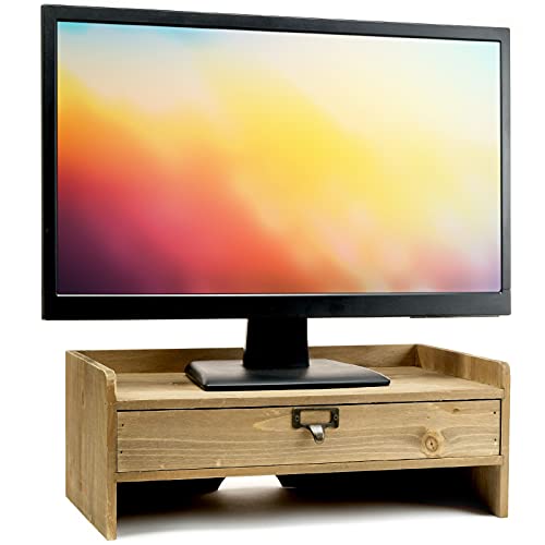 Excello Global Products Wooden Monitor Stand: Includes Drawer for Desktop Organization of Notebooks, Pens, Pencils & Office Supplies (Brown) - color: Brown