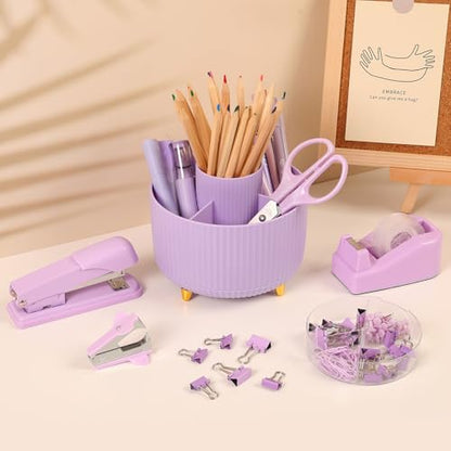 SKYDUE Purple Office Supplies Set, Purple Office Desk Accessories 10PCS, Pencil Holder for Desk, Stapler, Tape Dispenser, Scissors, Ruler, Binder/Paper Clips and 1000pcs Staples,Desk Supplies Set - color: Purple