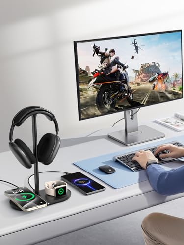 Airpod Max Charger Stand with 15W Wireless Charger, 4 in 1 Headphone Stand | Headset Holder for AirPods Max 2/Pro/iWatch/Vision Pro, Charging for iPhone 17/16/15/14/13/12/11/X, Aluminum Alloy Rod, Black - color: Dark Black