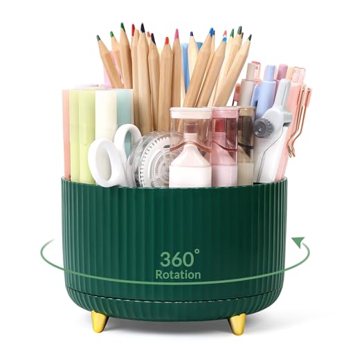 SKYDUE 360 Degree Rotating Desk Organizer, Dual-Purpose Pencil Pen Holder for Desk, Rotating Desk Pen Organizer with 5 Slots, Art Supplies, Pencil Cup for Office, School, Home - color: DarkGreen_1Pack