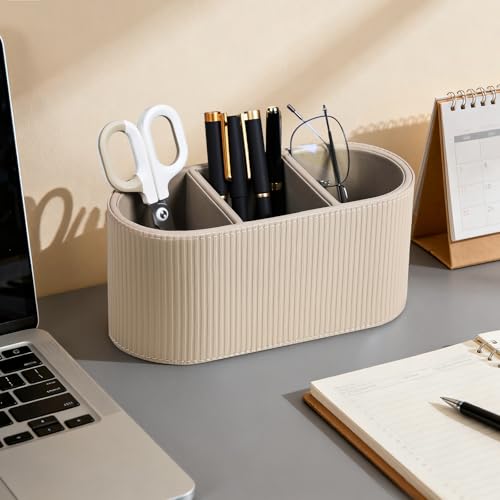 Aesthetic Remote Control Holder, PU Leather Pen Holder for Desk with 3 Compartments for Home Office Supplies and Accessories, Stylish Bedside Remote Holder Nightstand Desktop Organizer (Beige) - color: Beige