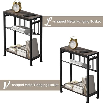 Small Side Table Set of 2 for Small Space, 3-Tier Narrow End Tablewith Magazine Holder,SmallNightstand, Skinny Snack Couch Table in Living Room, Bedroom Study and Balcony(Ash Brown) - color: Ash Brown-2pcs