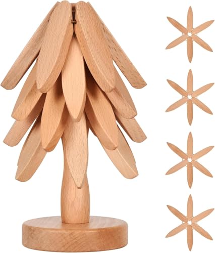 Wooden Cup Coaster Set，Tree Shape Trivet Set,Tree Coasters- 4 Wooden Trivets + 1 Stand stored for hot Dish/Pot/Bowl/teapot/hot Pot Set - color: White