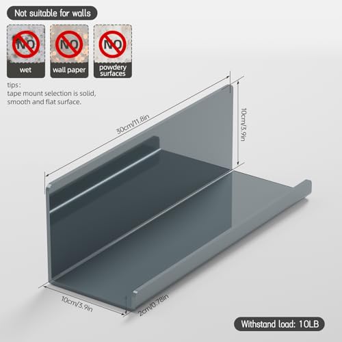 PAVSTINE Adhesive Floating Shelves for Wall No Drilling, 12 Inch Acrylic Self Adhesive Shelves, Stick on Shelves, Dorm Wall Shelf, for Bathroom, Kitchen, Bedroom, Office, Gaming Room, Gray - color: Grey