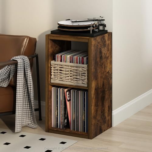 Furinno Cubicle Record Player Stand with Vinyl Storage, 2-Cube 1.2 Extra Thick Vinyl Record Storage, Open Back Media Shelf for CD DVD Blueray Game Disc, for Living Room, Home Office, Amber Pine - color: Amber Pine, size: Extra Thick, 2-Cube Standard