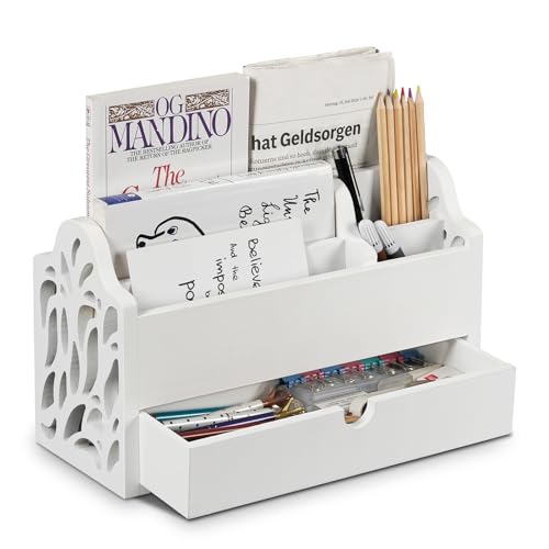 Desk Organizer with Drawer Wood File Office Mail Organizer Countertop-5 Slot Tabletop Storage Pen Organizer Letter Holder for School Home Office Supplies (White) - color: White