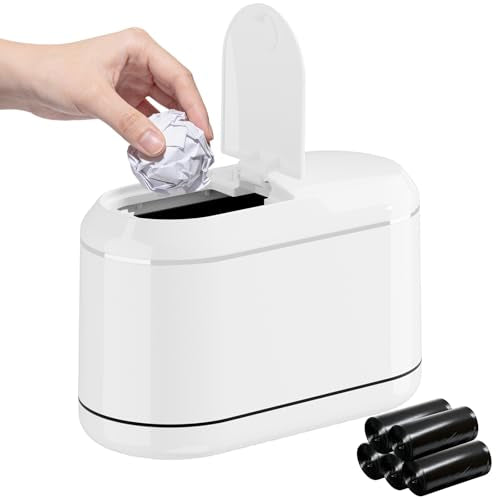 PAVSTINE Mini Trash Can for Desk with 5 Rolls Trash Bags, White Half-Lid | Space-Saving Small Press-Top Countertop Garbage Bin, Easy Move, Removable Vintage Stylish Waste Basket for Vanity/Table - color: White Half-Lid