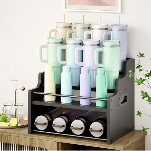 4-Tier Wood Display Shelf Wine Rack for 16 Bottles Wood Coffee Syrup Organizer with Handles Home Whiskey Shelf Retro Mini Liquor Cabinet Spice Rack Coffee Bar Shelves, Black - color: Black