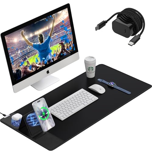 Wireless Charging Mouse Pad with Foldable Phone Holder, 15W Magnetic Fast Charging for iPhone Samsung, 31.5"x15.75" Large Desk Mat for Laptop/Keyboard, Waterproof Gaming Mousepad with Non-Slip Base - color: Magnetic+Phone Stand Black with PD Charger